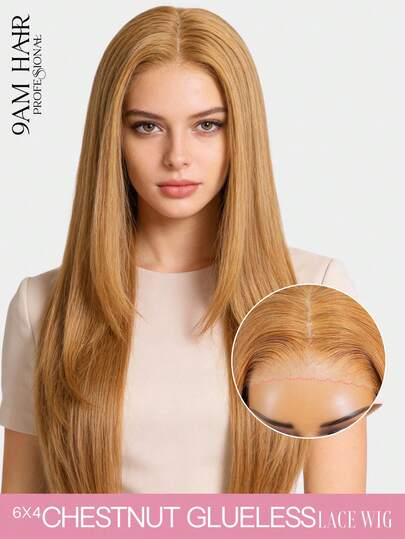 9AM Hair Wear Go 无胶假发，层次剪裁直发，6*4 透明蕾丝假发，栗棕色，预剪蕾丝和预拔发际线，16-24 英寸，180% 密度真人发蕾丝闭合假发，打造时尚度假风，活力四射，旅行必备，假日装扮，伴娘礼物，女性配饰，免运费。艺术优雅，活力四射，休闲日常，浪漫之旅，前卫利落的剪裁，真人发蕾丝假发，自然无胶假发，浪漫约会之选。