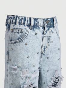 2026春夏新款少女做旧牛仔短裤，高腰设计，宽松直筒裤型，水钻装饰，舒适柔软面料，适合街头、学校、通勤、派对、居家、度假等多种场合，夏季必备 - 淺色水洗藍 - 查看 4