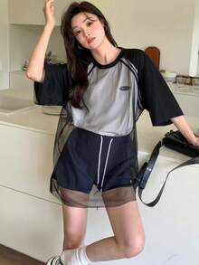 DAZY تي شيرت نسائي فضفاض بتصميم مرقع كاجوال لفصلي الربيع والصيف، تي شيرت بحجم كبير للمدرسة - أبيض وأسود - مشاهدة 7