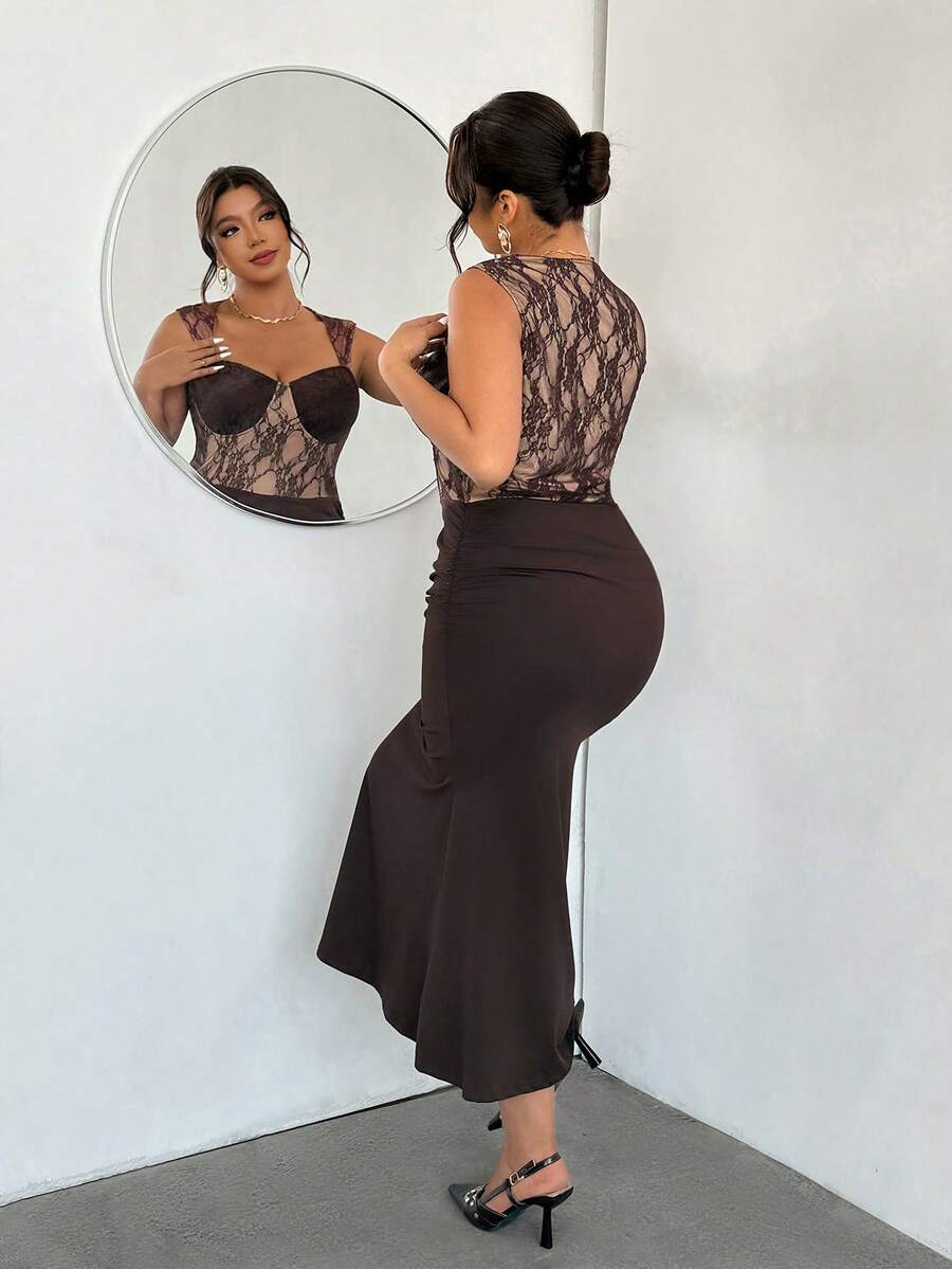 Firerie Robe d'été élégante en dentelle moulante et sexy avec patchwork, grande taille - Tabac - Voir 1