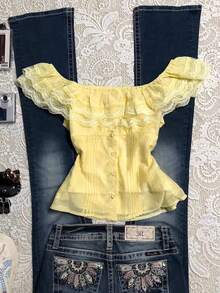 Glimmora Women's Double-Layer Ruffle Lace Trim Polka Dot Off-Shoulder Yellow Blouse - Yellow - View 1