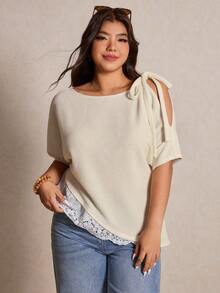 Elaquor 大码女式纯色扭结设计不对称肩部时尚百搭日常短袖T恤 春夏款 - 杏色 - 查看 3