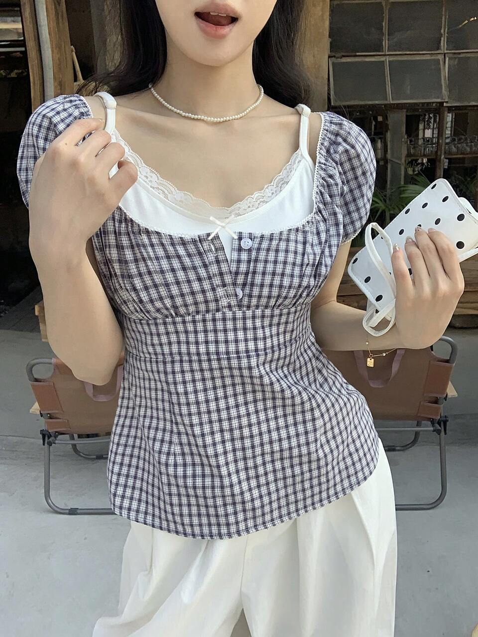 Women's Korean Style Blue Plaid Puff Sleeve Blouse Summer