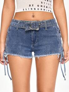 ROMWE Grunge Punk 2026春夏新款中度水洗蓝色性感Y2K街头风侧边镂空交叉做旧毛边水钻装饰+腰带女式牛仔短裤 - 中等水洗藍 - 查看 4