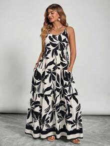 SHEIN VCAY Plus Size Women Floral Print Ruched Casual Party Slip Dress - Black - View 1