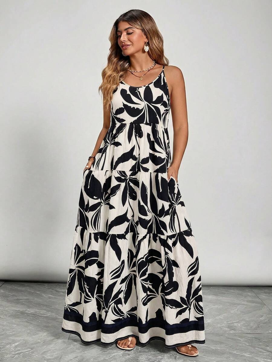 SHEIN VCAY Plus Size Women Floral Print Ruched Casual Party Slip Dress - Black - View 1