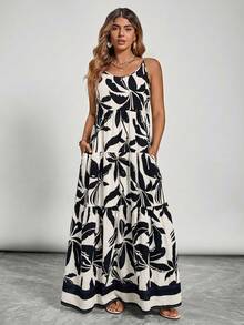 SHEIN VCAY Plus Size Women Floral Print Ruched Casual Party Slip Dress - Black - View 3