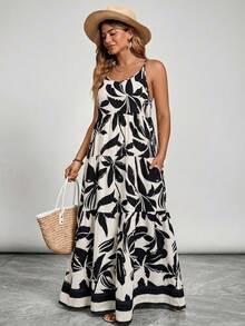 SHEIN VCAY Plus Size Women Floral Print Ruched Casual Party Slip Dress - Black - View 5
