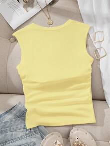 SHEIN EZwear Solid Color Square Neck Ruched Bust Padded Bra Camisole,Summer Top - Light Yellow - View 3