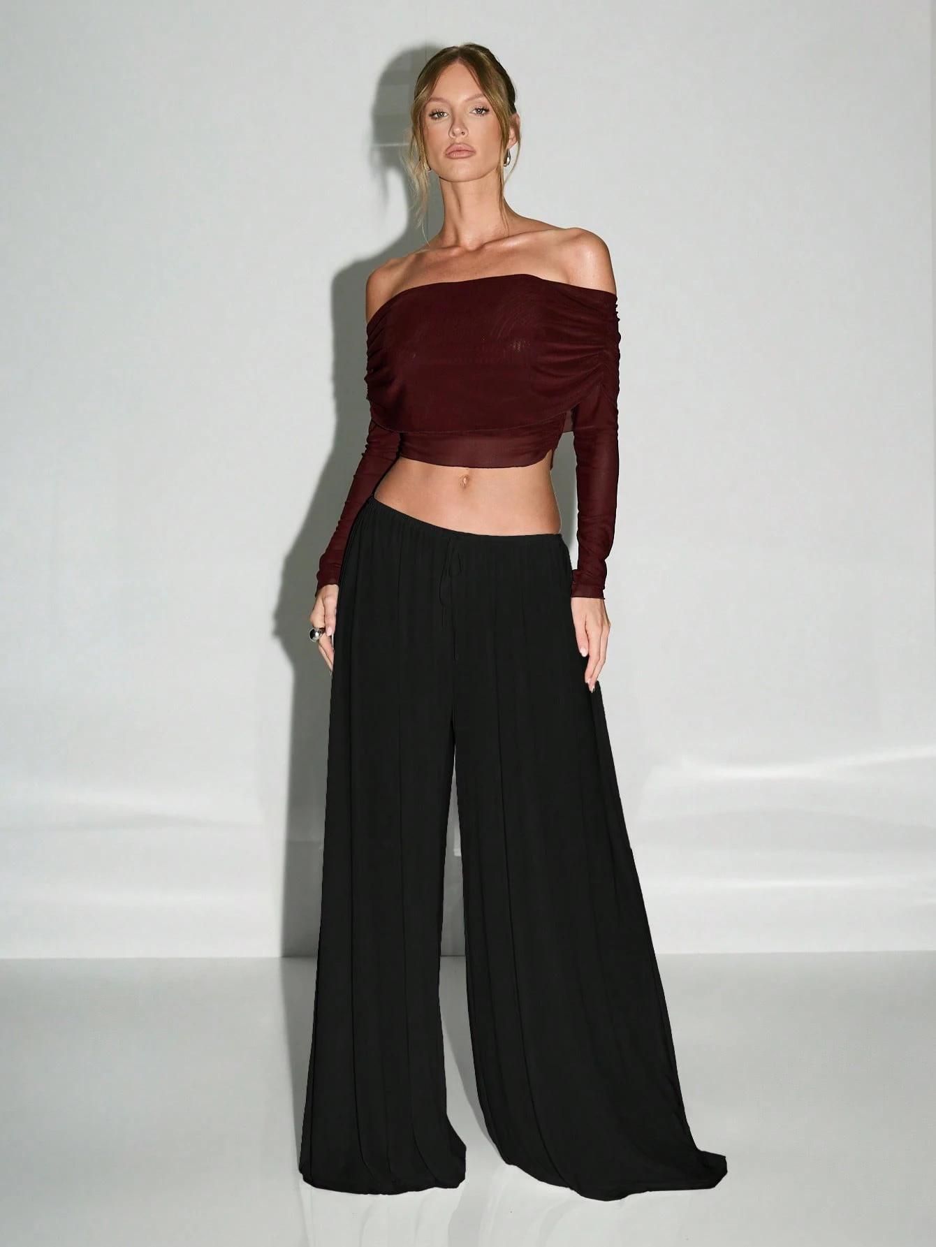 KIZN Calça Palazzo de perna larga, cintura alta e malha fluida