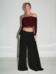 KIZN 阔腿裤 高腰飘逸网眼长裤 优雅晚装休闲装 节日舞会裤 - 黑色 - 查看 3