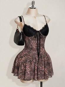 SHEIN ICON Vestido corto sexy de tirantes finos con encaje y estampado de leopardo y cebra en contraste para mujer - Multicolor - Ver 8