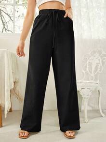SHEIN Essnce Women's Solid Color Self Tie Waistband Pants With Pockets - Black - View 3