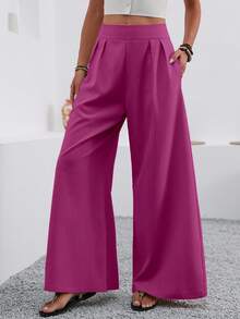 EMERY ROSE Women's Solid Color Pleated Pocket Wide Leg Loose Casual Pants - Red Violet - View 4