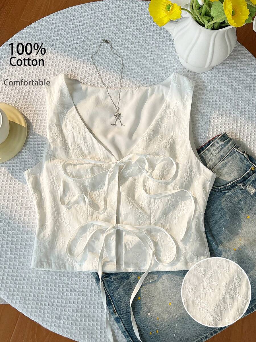 Sweetra Elegant French Textured Jacquard Fabric Tie-Front Design Casual Versatile Commuter Blazer For Women, Summer - White - View 1