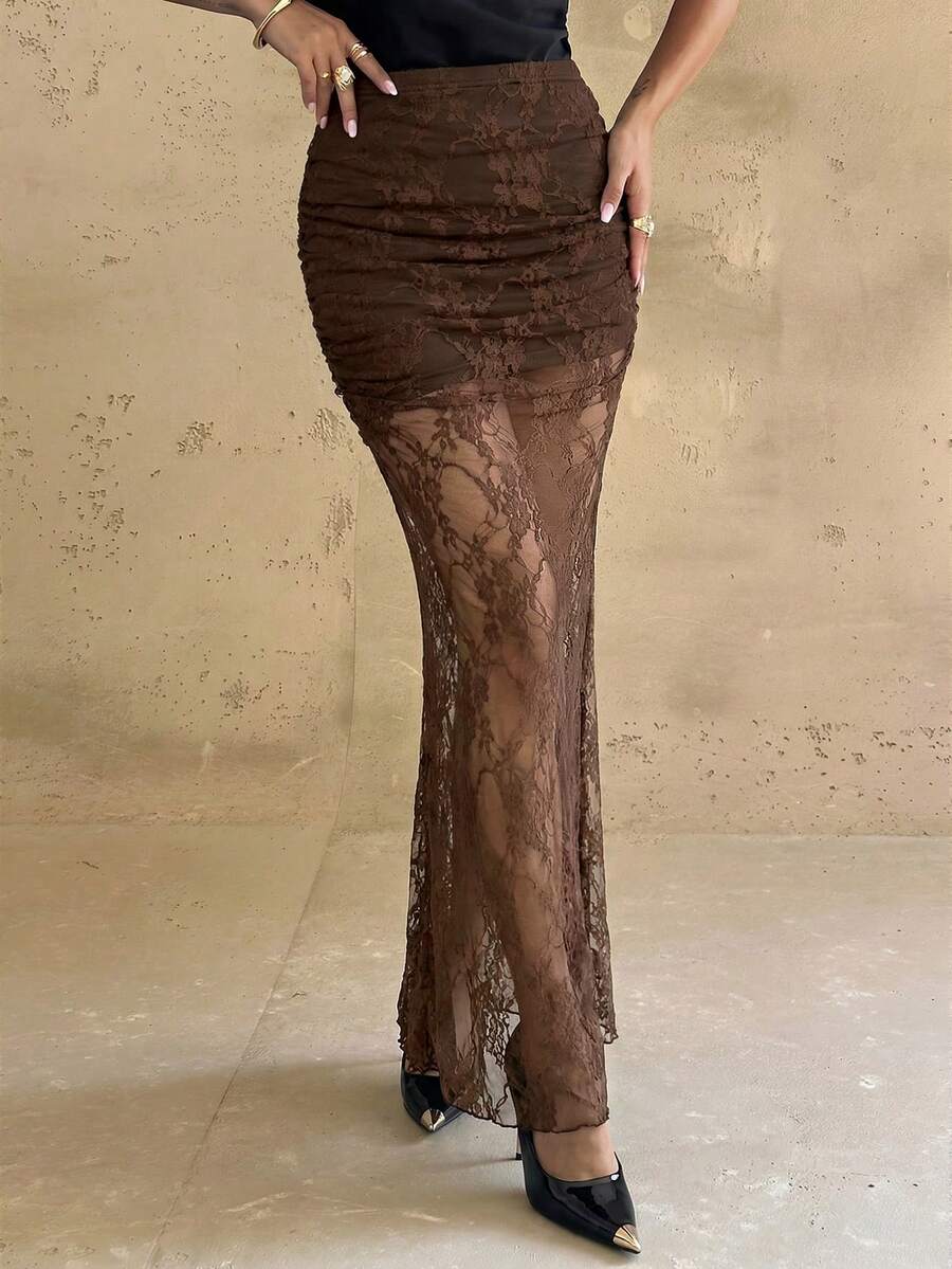 Firerie Chân váy ren đen thanh lịch, lãng mạn, gợi cảm dành cho nữ, thích hợp đi làm, đi biển, đi nghỉ mát, mùa tựu trường, tốt nghiệp, hẹn hò lãng mạn, sinh nhật, lễ Phục sinh, lễ hội Carnival Brazil, lễ hội âm nhạc, mùa cưới, tiệc brunch, phong cách Bohemian, chân váy kiểu cổ tích. - màu nâu - Xem 1