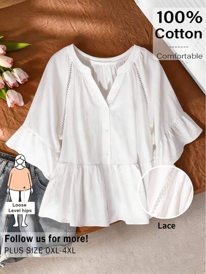 CosyJoli Plus Size Women Casual Solid Color V-Neck Single-Breasted Ruffle Hem Blouse Women Blouse Summer Cottagecore Clothes Button Top