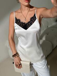 Lavishia Satin Elegant Romantic Retro Camisole - Black and White - View 1