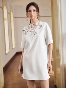 Anewsta Solid Color Loose Lace Patchwork Short Sleeve Straight Dress For Women - White - View 4