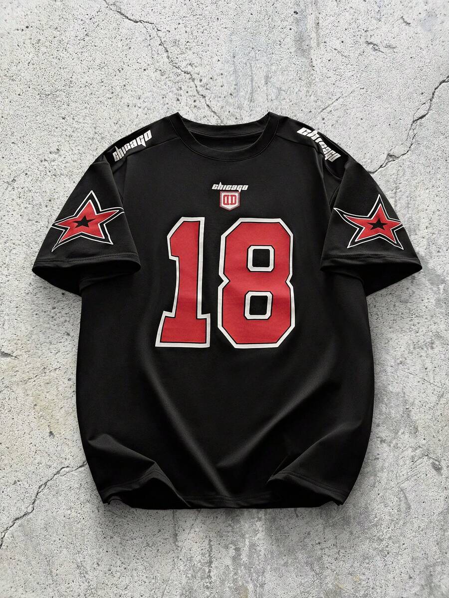 EVRINFINITE 男士宽松数码印花短袖篮球球衣式T恤，夏季足球服 - 黑色 - 查看 1