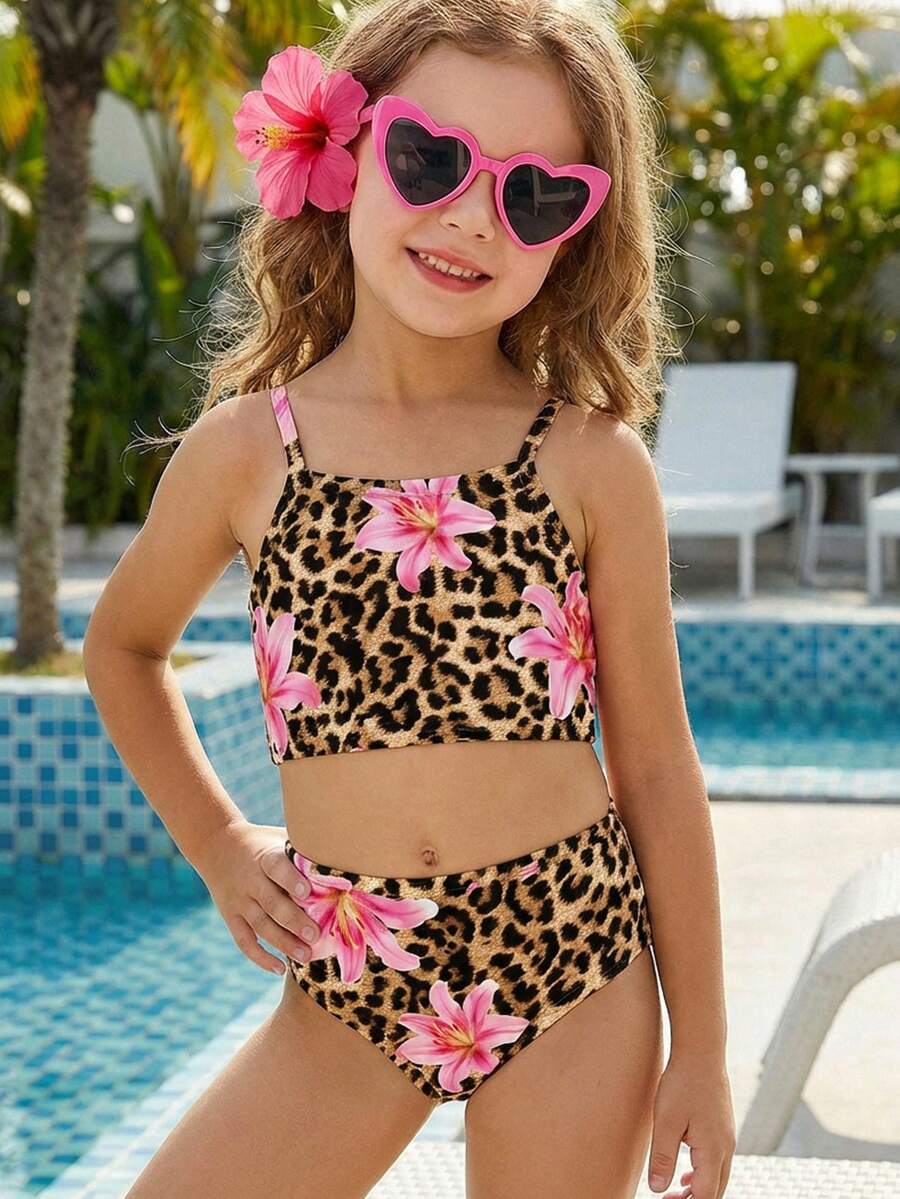 SHEIN Bộ đồ bơi họa tiết hoa nhiệt đới và da báo, gồm áo hai dây và quần bơi, kiểu dáng ôm sát thoải mái dành cho bé gái, thích hợp cho mùa hè. - Nhiều màu - Xem 1