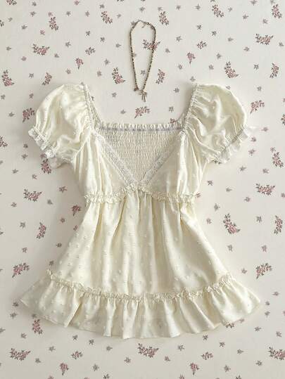 Elamini Áo kiểu nữ dáng chữ A cổ chữ V sâu, chất liệu jacquard, viền bèo nhún.