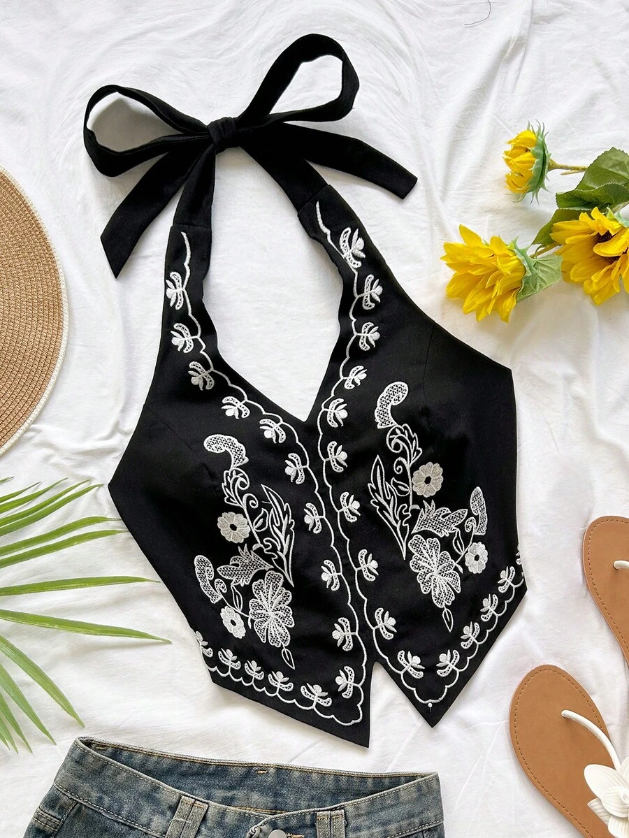 Soleia Top corto de cuello halter con lazo, base color albaricoque y bordado floral negro, adecuado para festivales de música, talla grande - Negro - Ver 1