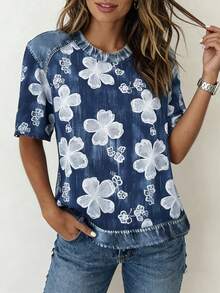 EMERY ROSE Camiseta de mujer con efecto de mezclilla y estampado floral de verano - Multicolor - Ver 3