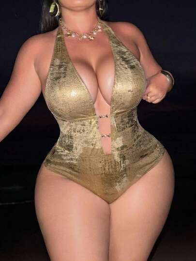 Swim SXY 2026 New Plus Size Gold Metallic One-Piece Swimsuit, Luxury Sexy Halter Deep V Hollow Design, Suitable For Beach Vacation And Photo Shooting