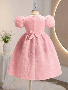 Đầm hè thanh lịch, sang trọng, cổ tròn, tay phồng, eo cao, màu trơn, chất liệu jacquard, nơ và đính ngọc trai. - Hồng - Xem 2