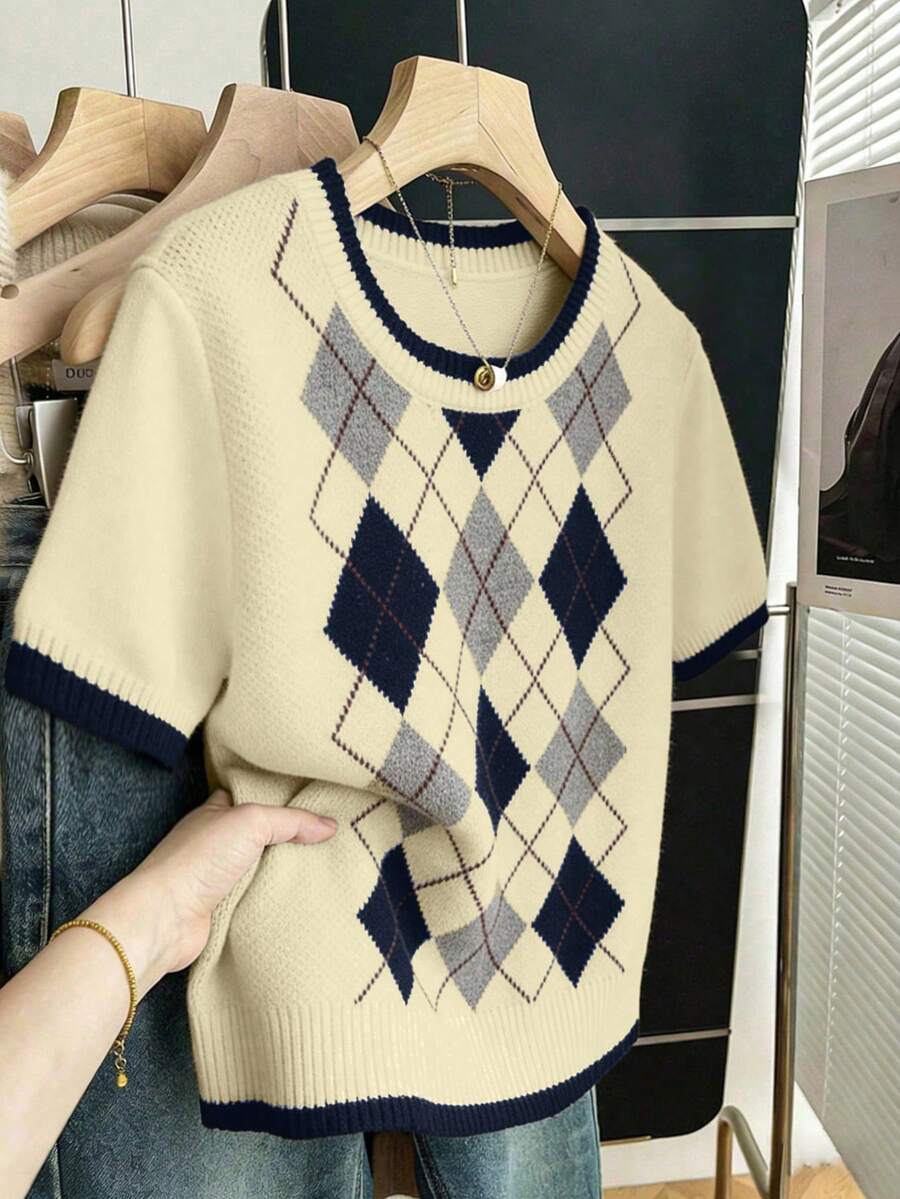 Franclia Nueva blusa de punto holgada y minimalista para uso casual y de tránsito, para primavera/otoño - Beis - Ver 1