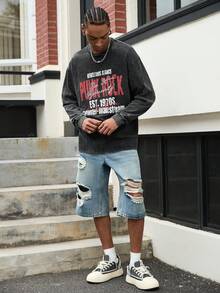 GALLERY FADE Áo thun nam tay ngắn cổ tròn in hình khẩu hiệu, kiểu dáng thường ngày, thích hợp cho mùa hè. - màu đen - Xem 6