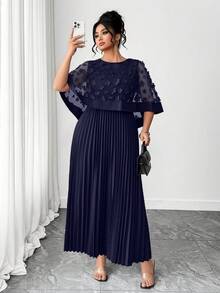 SHEIN PETITE CURVE Plus Size Women Floral Decor Patchwork Pleated Hem Dress - Navy Blue - View 6