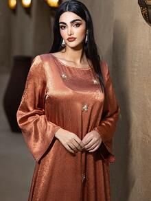 Layrah Orange Handmade Beaded Maxi Dress With Headscarf Butterfly Abaya Satin Dress For Evening Party - Coral Orange - View 4