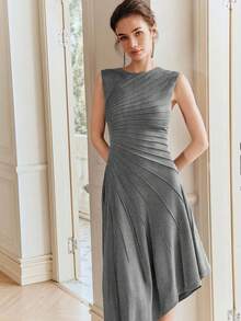 Anewsta Women's Solid Color Round Neck Pleated Elegant Waist Midi Dress For Party - Grey - View 5