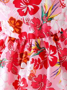 Elladie kids 女童优雅粉色碎花圆领泡泡袖露背蝴蝶结装饰腰部荷叶边下摆休闲时尚连衣裙，适合夏季度假旅行 - 粉色 - 查看 4