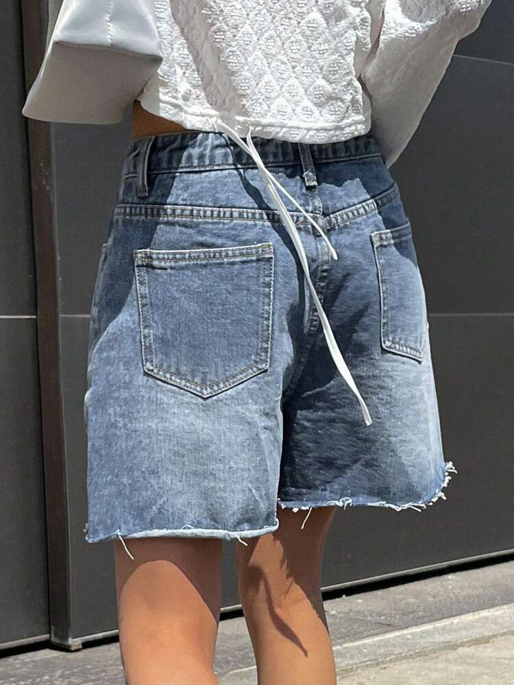 Women's Casual Washed Denim Shorts With Slant Pockets And Frayed Hem, Summer Petite
