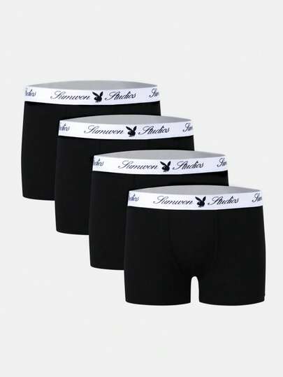 PLAYBOY X SUMWON 4 paquets de boxers noirs pour hommes avec ceinture de marque. Lot de sous-vêtements classiques