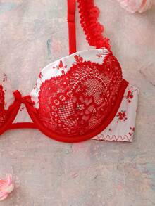 FairyFlirt 3/4 Cup Floral Balconette Bra With Underwire, Padded, Push-Up, Comfortable, Cute, Romantic Countryside Style Ladies Lingerie - Pink - View 5