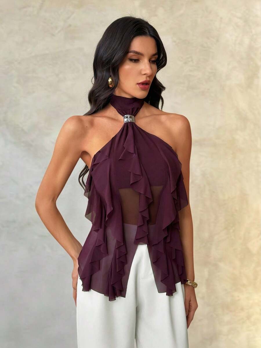 SHEIN Tall Áo tank top nữ thanh lịch nhiều lớp, cổ đứng, ôm dáng, màu tím, viền bèo nhún.