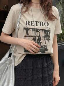 Dazy-Less Loose Fit Short Sleeve T-Shirt With People And Letter Prints Summer,Graphic Tees Preppy Tops - Khaki - View 7