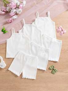 Young Girl 3-Piece Set: Embroidered Bowknot Camisole & Shorts, Spring/Summer - White - View 2