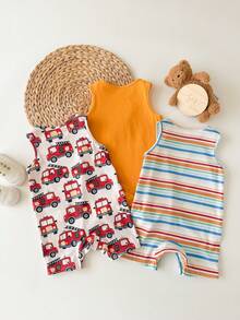 3pcs/Set Newborn Baby Boy/Girl Cute Cartoon & Striped Knitted Romper, Summer - Multicolor - View 2