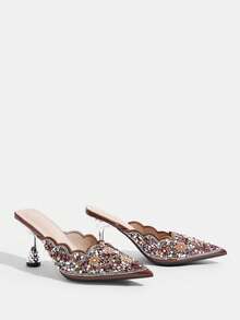 CUCCOO TILAWA Women's Fashion Party Pointed Toe Stiletto Heel Rhinestone Pumps For Christmas Valentine's Day - Brown - View 4