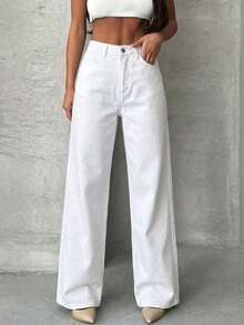 Cottnline Women's Loose Fit Straight Leg Jeans, Casual Versatile With Pockets - White - View 1