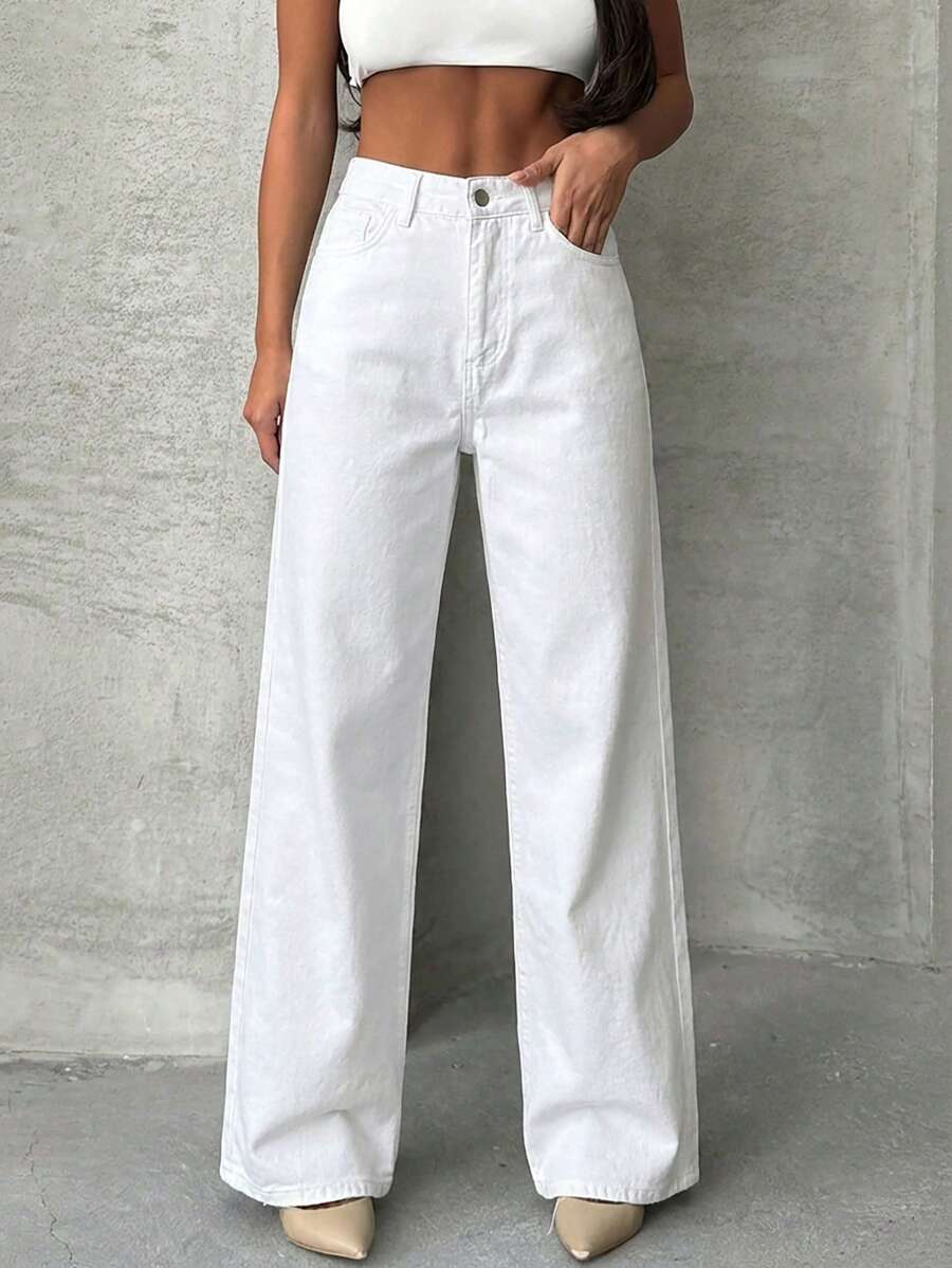 Cottnline Women's Loose Fit Straight Leg Jeans, Casual Versatile With Pockets - White - View 1