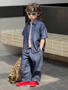 DAZY 男童短袖衬衫和牛仔裤套装 - 藍色 - 查看 6