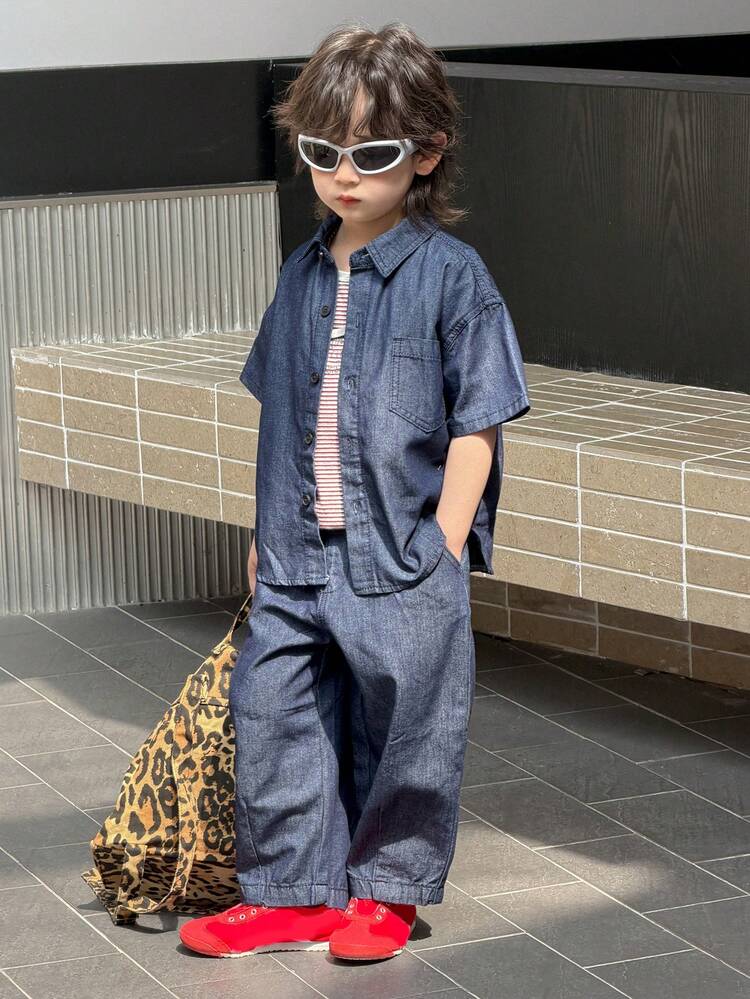 Young Boy Short Sleeve Shirt And Denim Pants Set Summer