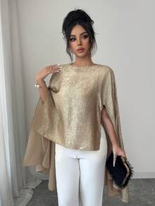 Elenzga Khăn choàng Poncho mỏng nhẹ ánh kim mới cho mùa Xuân/Hè, trang phục thường ngày thanh lịch đa năng, phù hợp cho du lịch và chụp ảnh, kiểu áo cổ tròn. - Vàng - Xem 3