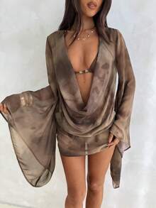 Aloruh 女士夏季新款优雅性感时尚俏皮浪漫海滩度假派对郊游聚会波西米亚扎染印花网纱长袖深V领垂褶迷你连衣裙 - 摩卡棕 - 查看 7